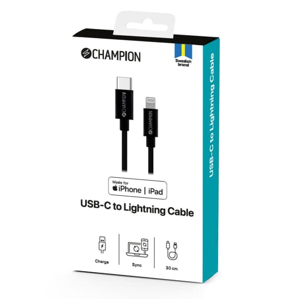 Champion USB-C til Lightning-kabel 30 cm svart