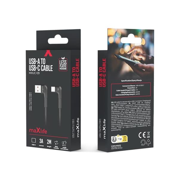 Maxlife USB-A till USB-C Kabel Vinkel 3A 2m MXUC-09 - Svart