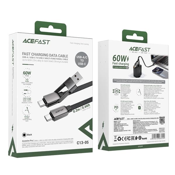 Acefast USB-C - USB-A - USB-C 3A Kabel 0.2m 480Mb/s Svart