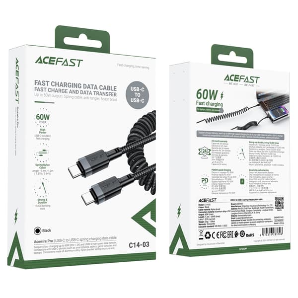 Acefast USB-C - USB-C 3A Kabel 1.2m Spring 480Mb/s - Svart
