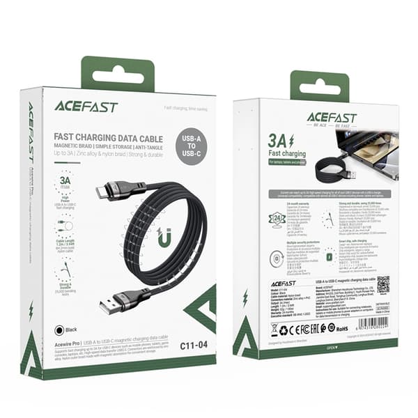 Acefast USB-A - USB-C 3A Kabel 1.2m Magnetic Braid - Svart