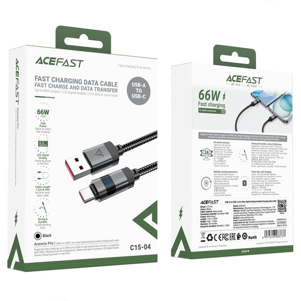 Acefast USB-A - USB-C 66W Kabel 1.2m Display 480Mb/s - Svart