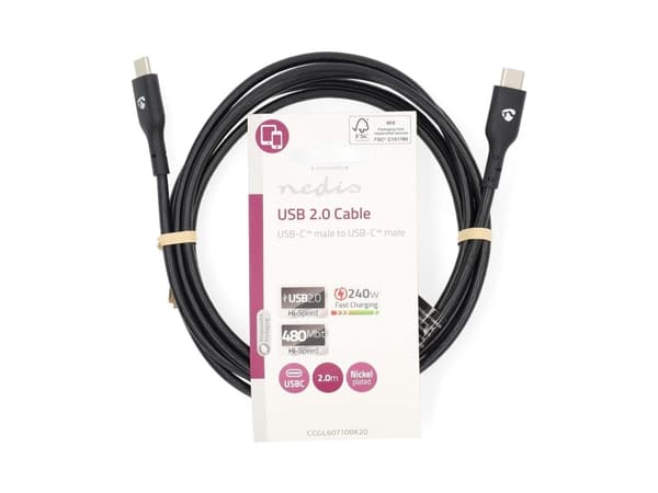 Nedis CCGL60710BK20, 2 m, USB C, USB C, USB 2.0, 0,48 Gbit/sek, Sort