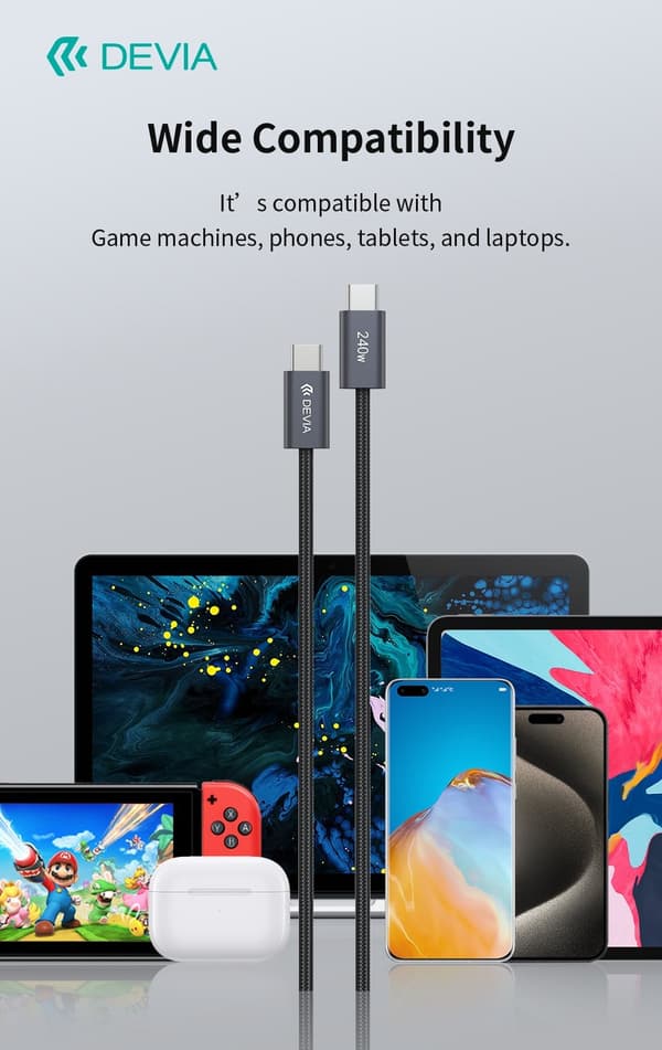 240W Devia Extreme Snabbladdning USB-C till USB-C-kabel – 2m