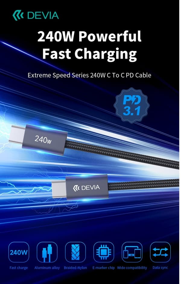 240W Devia Extreme Snabbladdning USB-C till USB-C-kabel – 2m