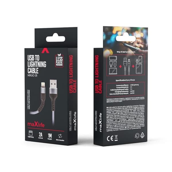 Maxlife USB - Lightning Kabel 1 m 2A - Grå Nylon