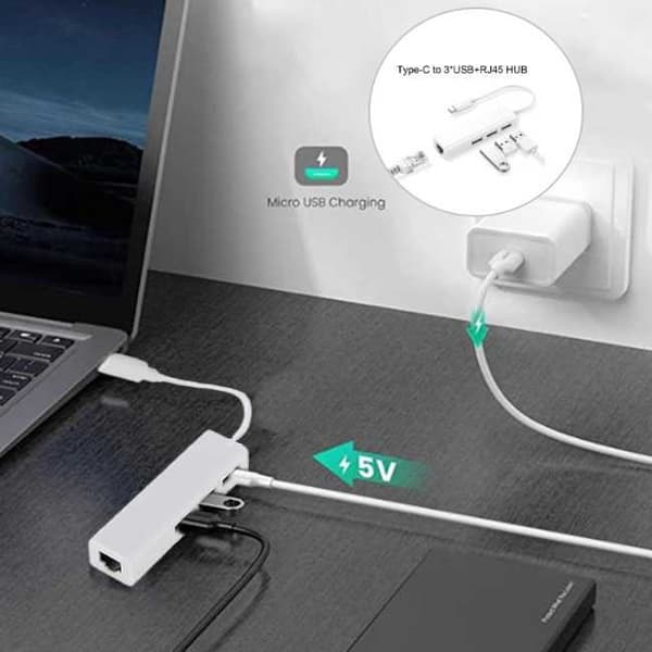 3-porttinen kaapeli + Ethernet - USB 3.1 Type-C USB-A HUB 2.0