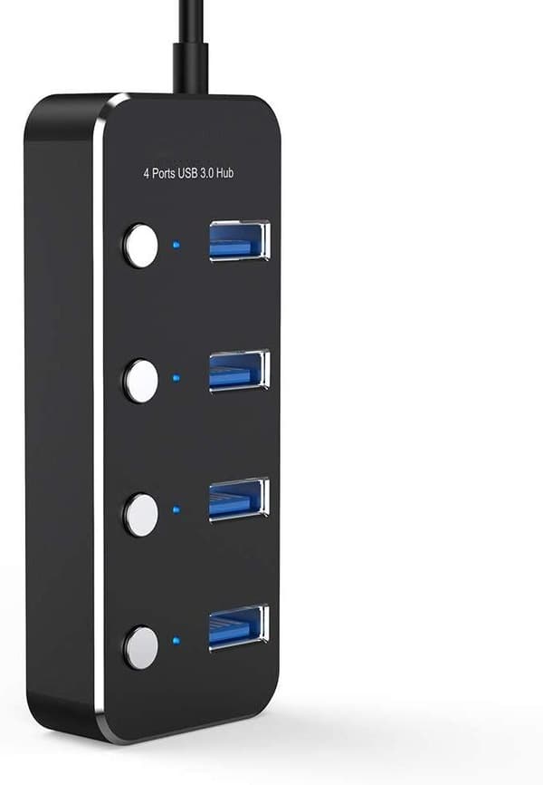 NÖRDIC drevet 4-ports hub USB 3.0 5Gbps med individuell bryter 25 cm kabel aluminium svart med strømforsyning