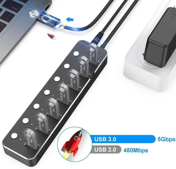 NÖRDIC-virralla toimiva 7-porttinen USB-C 3.0 HUB erillisellä kytkimellä 5Gbps 25cm kaapeli alumiinimusta virtalähteellä