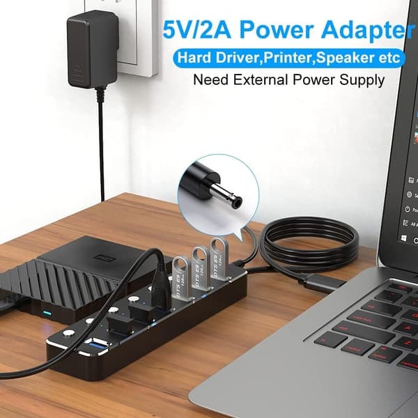NÖRDIC-virralla toimiva 7-porttinen USB-C 3.0 HUB erillisellä kytkimellä 5Gbps 25cm kaapeli alumiinimusta virtalähteellä