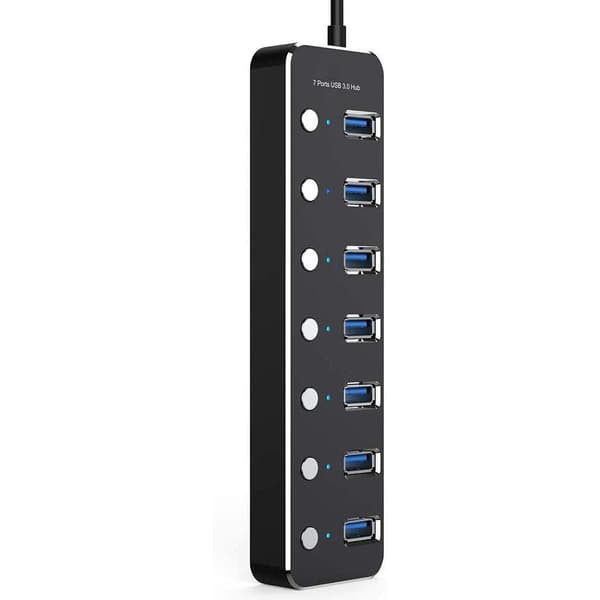 NÖRDIC-virralla toimiva 7-porttinen USB-C 3.0 HUB erillisellä kytkimellä 5Gbps 25cm kaapeli alumiinimusta virtalähteellä
