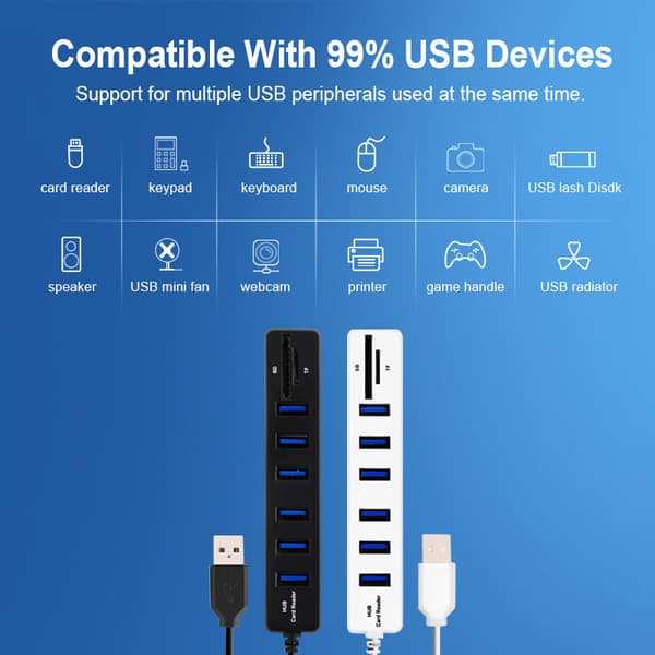 USB 2.0-Hubb med Kortläsare - 6-Portar - Flera färger