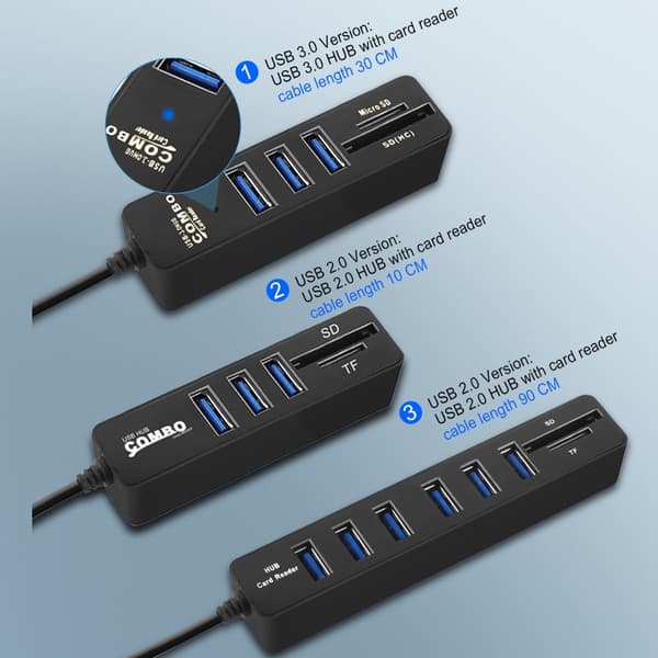 USB 2.0-Hubb med Kortläsare - 6-Portar - Flera färger