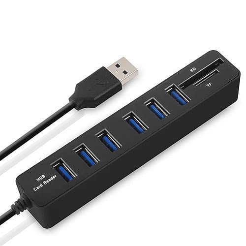 USB 2.0-Hubb med Kortläsare - 6-Portar - Flera färger Musta