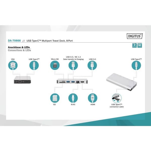 USB-C VGA GigE-dockningsstation - DIGITUS DA-70866 - 4K Ultra HD - Power Delivery 3.0