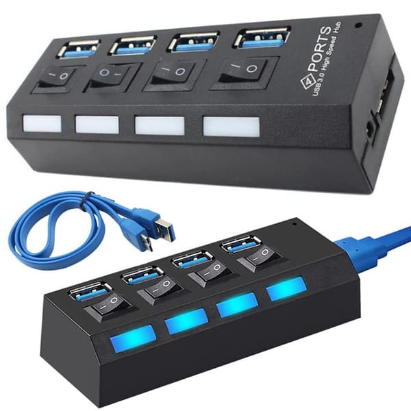 4-ports USB Hub med separate strømbrytere