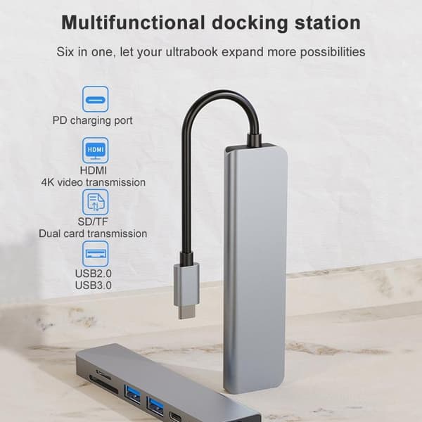 6-i-1 USB-C Hubb Adapter - HDMI, SD, TF, PD, USB 3.0