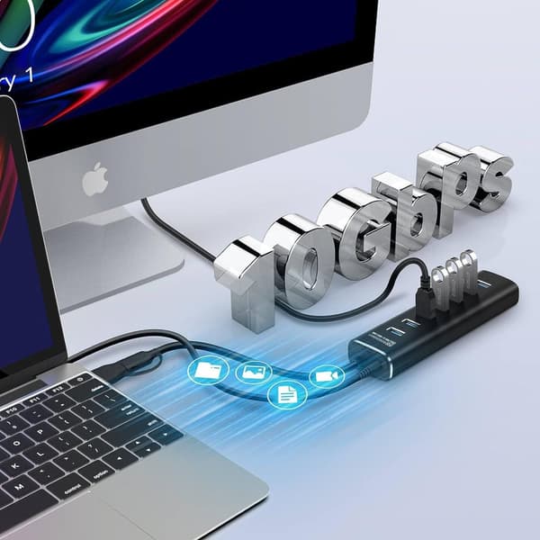 NÖRDIC GEN 3.2 USB-C og USB-A drevet Hub 7ports 7x10Gbps 1m kabel individuel switch
