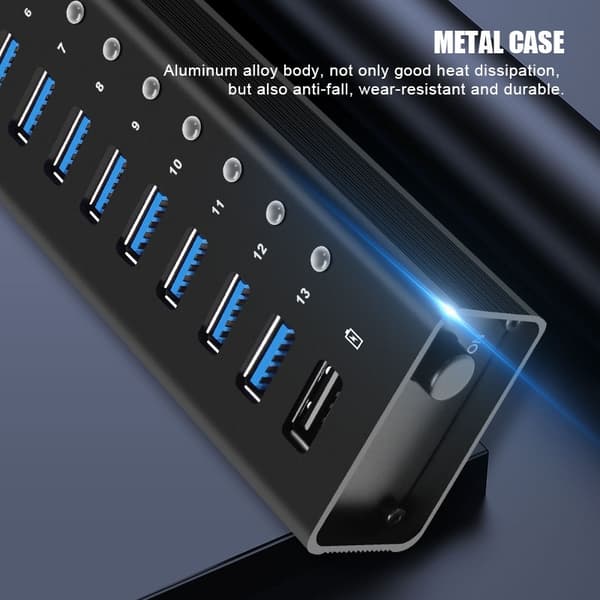 NÖRDIC powered 14-ports USB 3.0 HUB 5Gbps 1,2mm kabel aluminium svart med nätdel