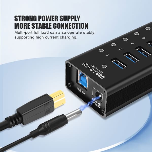 NÖRDIC strømforsynet 17-ports USB 3.0 HUB 5 Gbps 1,2 mm kabel aluminium sort med strømforsyning
