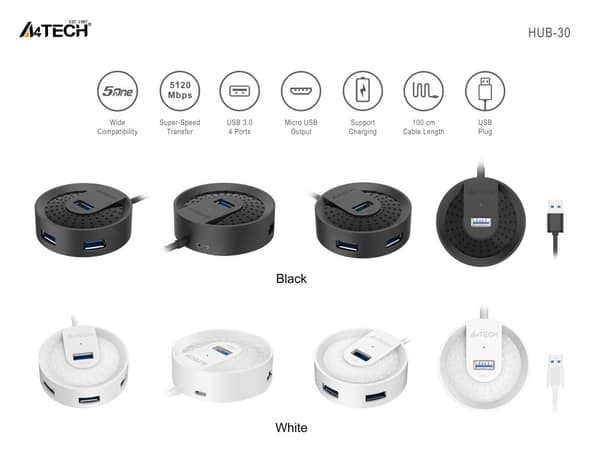 HUB extern A4TECH, porturi USB-A: USB 3.0 x 4, conectare prin USB , cablu 1.0 m, negru, "HUB-30-BK" (timbru verde 0.8 lei)