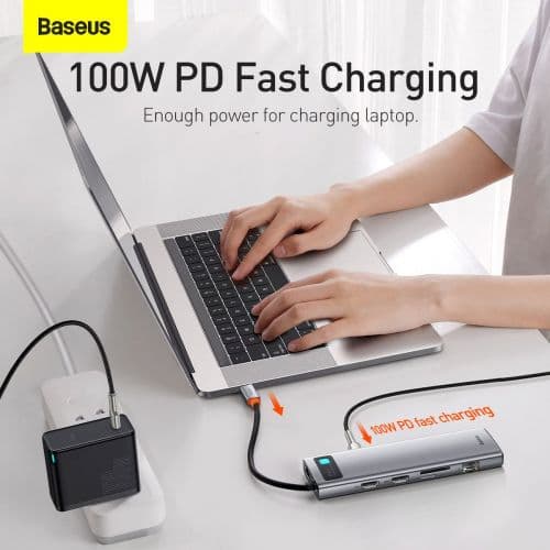 Hub 11in1 Baseus Metal Gleam Series, USB-C to 3x USB 3.0 + 2x HDMI + USB-C PD + Ethernet RJ45 + microSD/SD + VGA + AUX