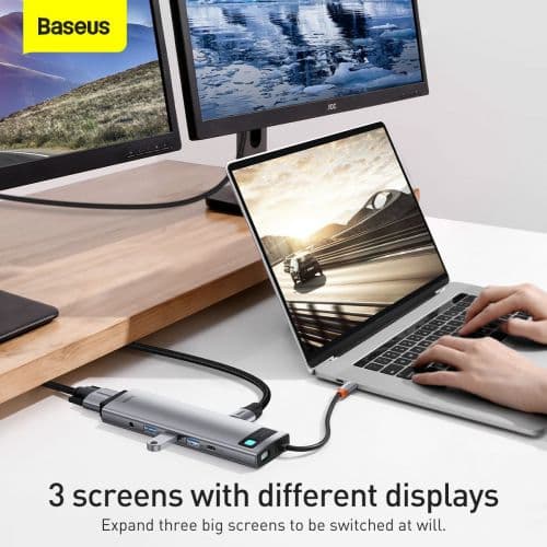 Hub 11in1 Baseus Metal Gleam Series, USB-C to 3x USB 3.0 + 2x HDMI + USB-C PD + Ethernet RJ45 + microSD/SD + VGA + AUX