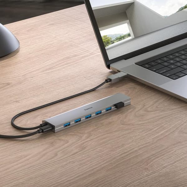 HAMA USB Hub, 7 Ports, USB 3.2 Gen 1, 5 Gbit/s, incl. USB-C Adapter and PSU