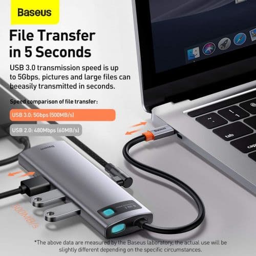 Baseus CAHUB-CV0G Metal Gleam Series 8in1 Hub / USB-C to 3x USB 3.0 / HDMI / USB-C PD / Ethernet RJ45 / microSD/SD