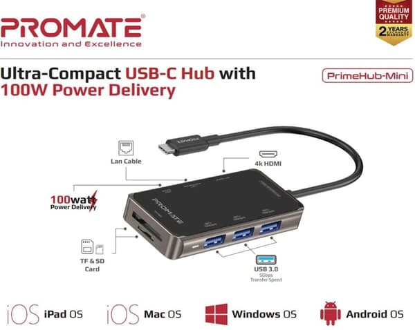 PROMATE PrimeHub-Mini 8in1 USB-C Hub HDMI 4K / LAN / PD 100W / SD / 3x USB 3.0