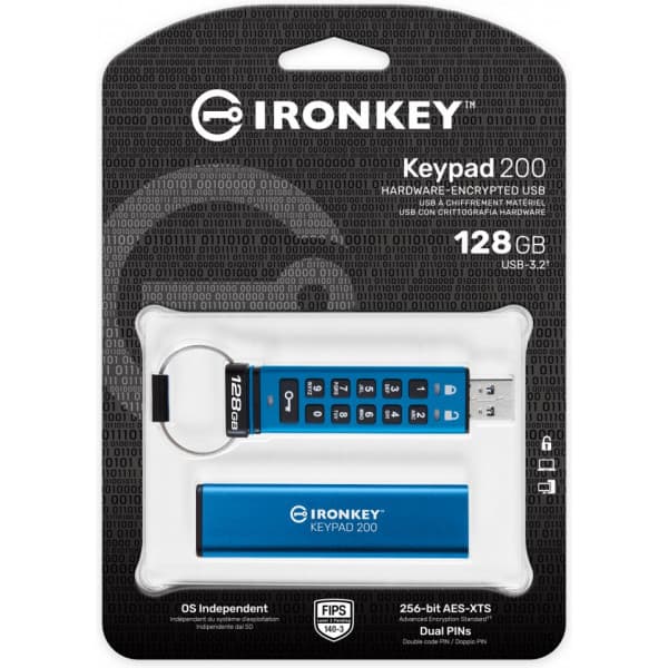 Kingston IronKey Keypad 200 128 Gt 256-bit XTS-AES -USB 32 Gen 1 -muisti