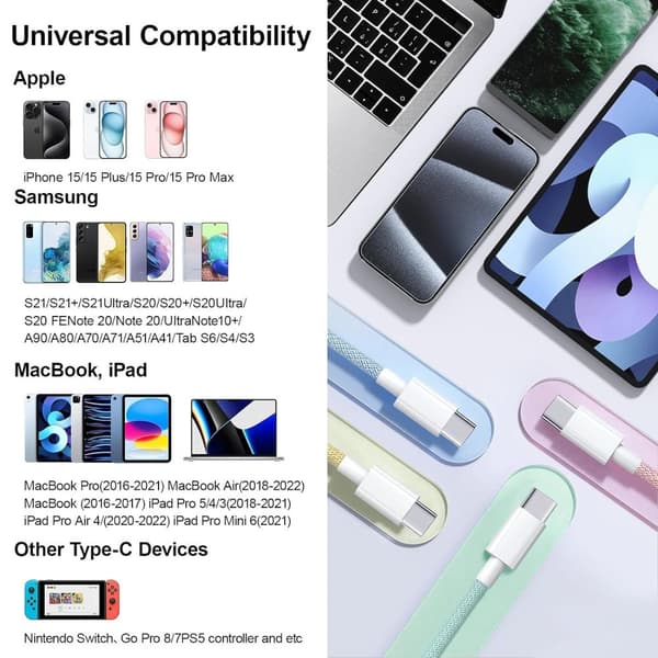 NÖRDIC 0,5 m USB 2.0 USB-C–C -kaapeli iPhone 15/15 Pro/15 Plus/15 Pro Max 3A 480 Mbps 60 W vihreä