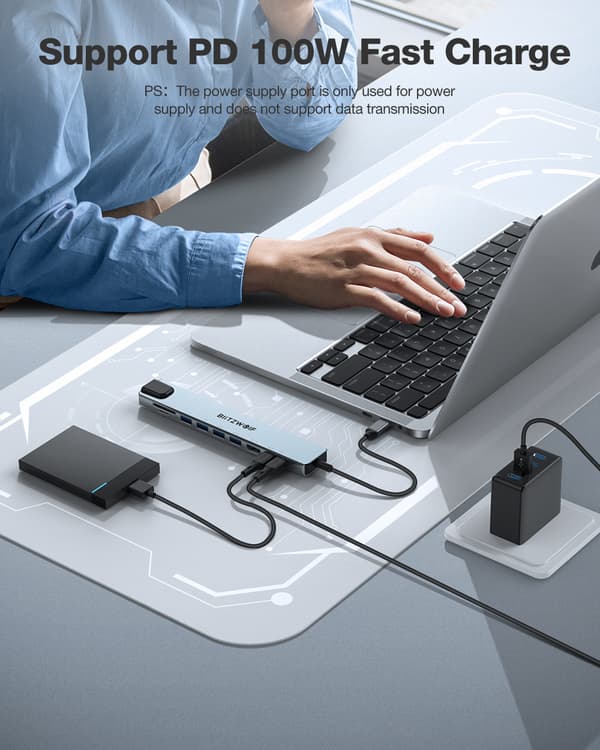 BW-UUSI TH5 10 in 1 USB-keskittimet HDMI 4K@30Hz USB3.0 / USB2.0 / Type-C 2.0 / RJ45 Ethernet / 100W PD-lataus / SD TF -korttipaikkatelakointiasema Ap
