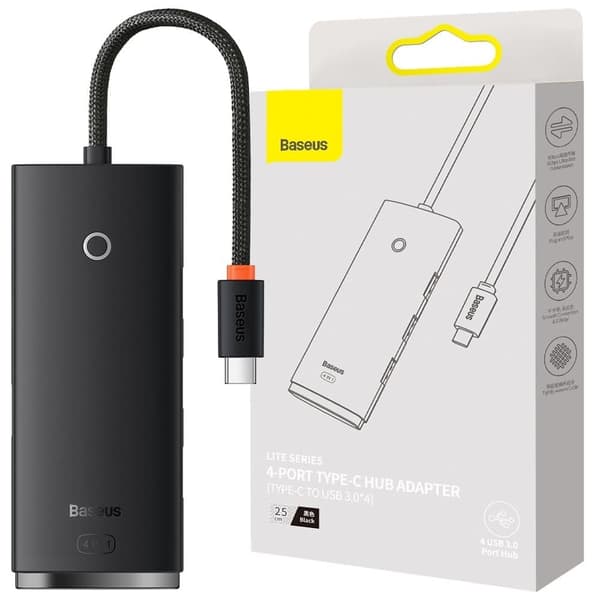 Baseus Lite-serien HUB-adapter USB Type C - 4x USB 3.0 25 cm svart (WKQX030301)