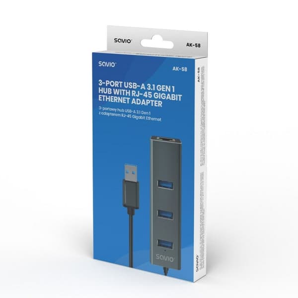 4-porttinen USB-hubi Savio AK-58 Ethernet (RJ-45) Harmaa