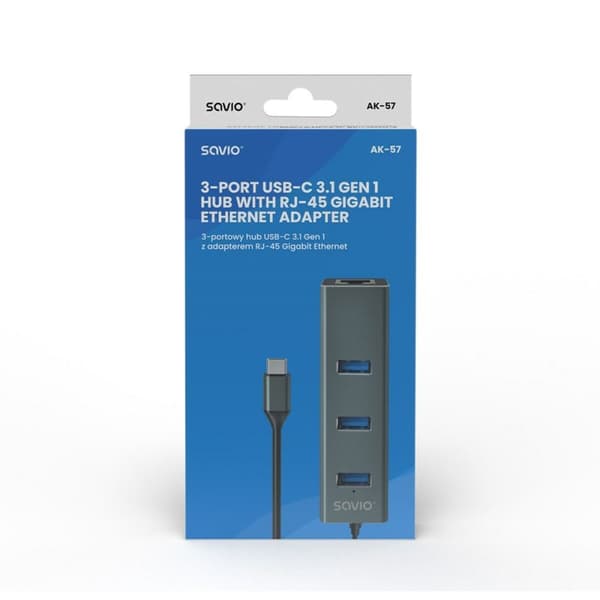 4-porttinen USB-C-hubi Savio AK-57 Ethernet (RJ-45) Harmaa