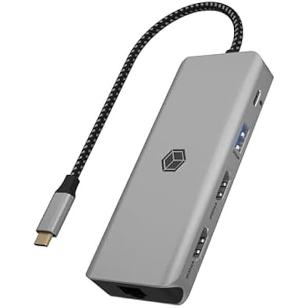 ICY BOX USB-C dockningsstation (9-i-1) för 2 skärmar (2X HDMI), 4K 60Hz, 3-portars USB 3.0-hubb, 100W strömförsörjning,