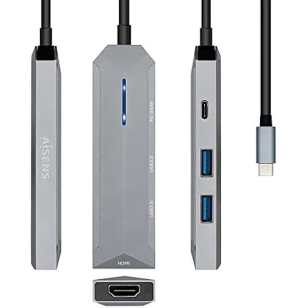 AISENS - USB-C DOCK 4 IN 1, USB-C A 1xHDMI, 2xUSB, 1xPD, GRÅ, 15CM