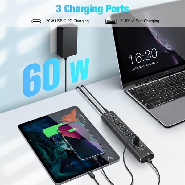NÖRDIC Powered 10-ports USB-C & A Hub, 3x10G USB-A og USB-C USB3.2 GEN2, 4x5G USB-A USB3.2 GEN1, 1xUSB-C 20W PD, 2xUSB-A opladning med individuel swit