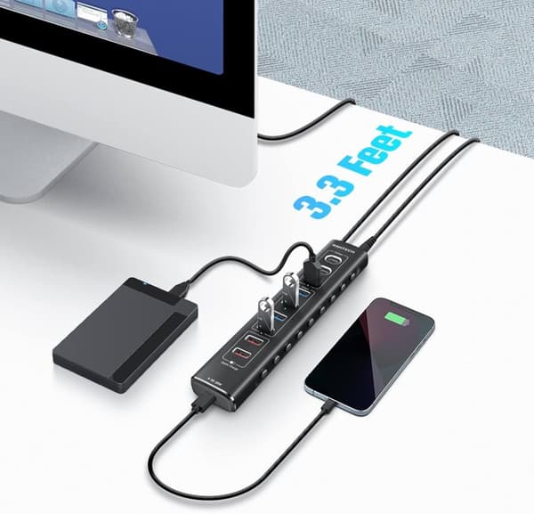 NÖRDIC Powered 10-ports USB-C & A Hub, 3x10G USB-A og USB-C USB3.2 GEN2, 4x5G USB-A USB3.2 GEN1, 1xUSB-C 20W PD, 2xUSB-A opladning med individuel swit