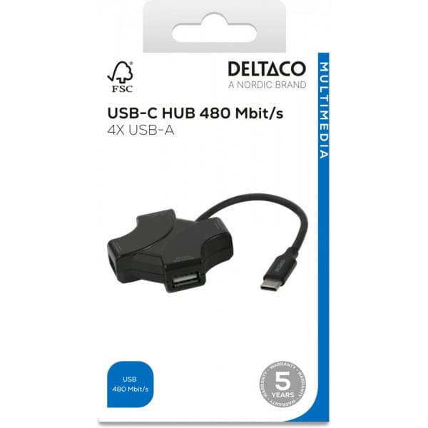 Deltaco USB-C-hubb, 4x USB-A, 480 Mbps, svart