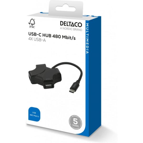 Deltaco USB-C-hubb, 4x USB-A, 480 Mbps, svart