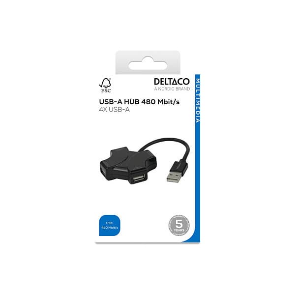 Deltaco USB-A-hub, 4x USB-A, 480 Mbps, svart