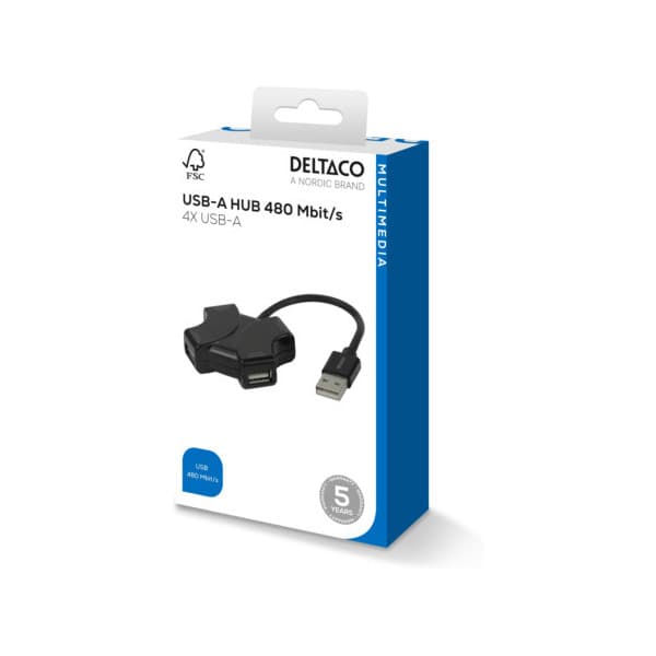 Deltaco USB-A-hub, 4x USB-A, 480 Mbps, svart