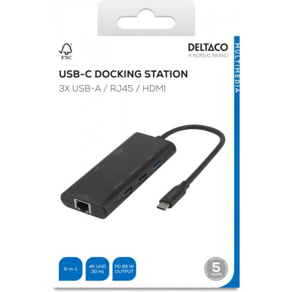 Deltaco 6-i-1 USB-C-hub, sort
