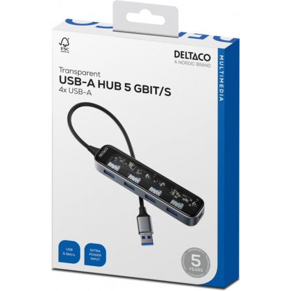 Deltaco USB-A-hub, 4x USB-A, 5 Gbps, gennemsigtig