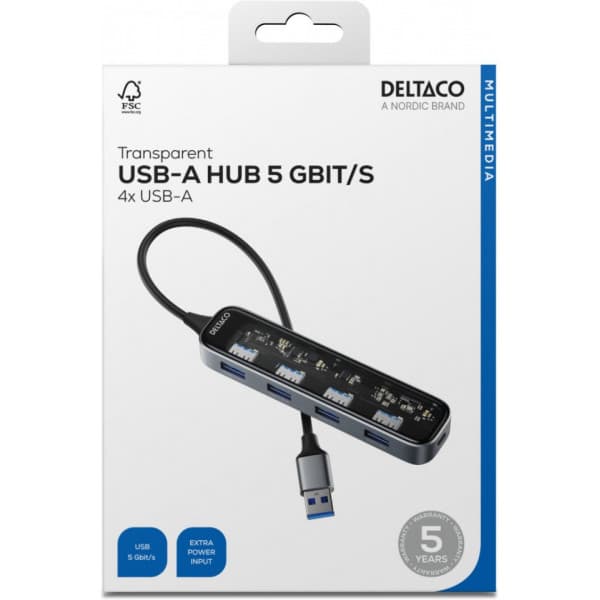 Deltaco USB-A-hub, 4x USB-A, 5 Gbps, gennemsigtig