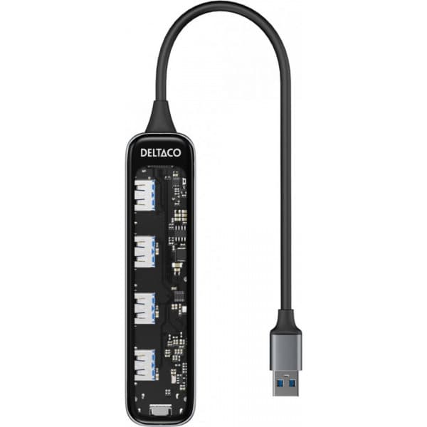 Deltaco USB-A-hub, 4x USB-A, 5 Gbps, gennemsigtig