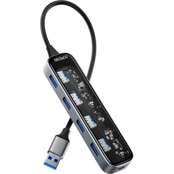 Deltaco USB-A-hub, 4x USB-A, 5 Gbps, gennemsigtig