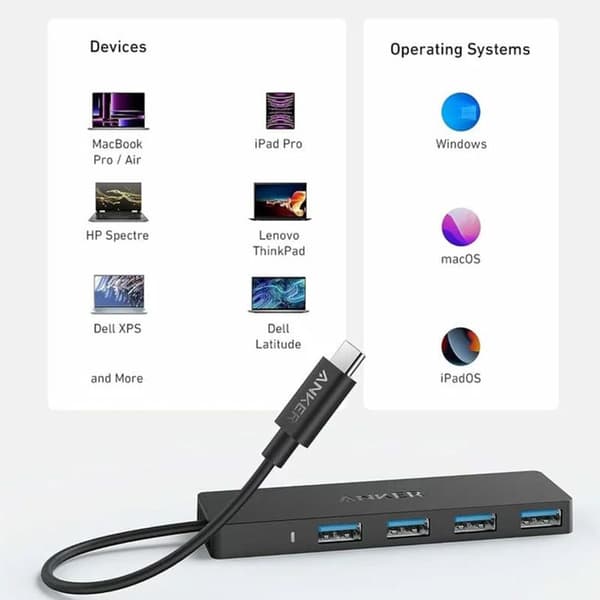 Dockningsstation - Anker - A8309G11 - Typ-C till 4x USB - 5 Gbit/s - Plug-and-Play